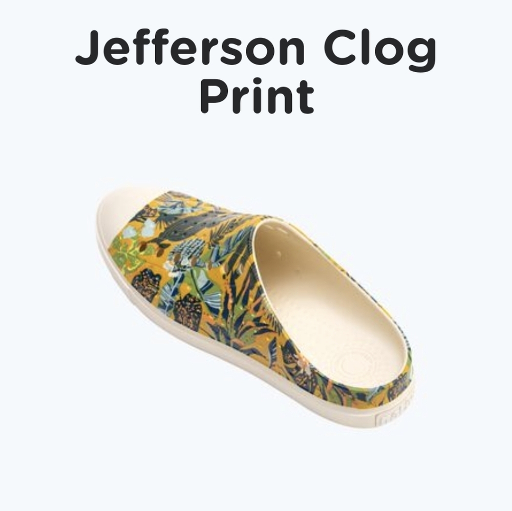 Native shoes Jefferson Clog Print tropical plant print unisex Sz 10W Sz 8M